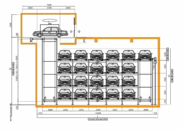 Model Optima parking - Hiệu suất ra vào xe tăng 8 lần so với bãi đỗ xe thông thường. Có thể lắp lên 6 tầng xe.